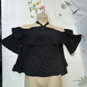 She & Sky Polka Dot Off Shoulder Halter Strap Layered Pinup Top SL4869 Size Lrg